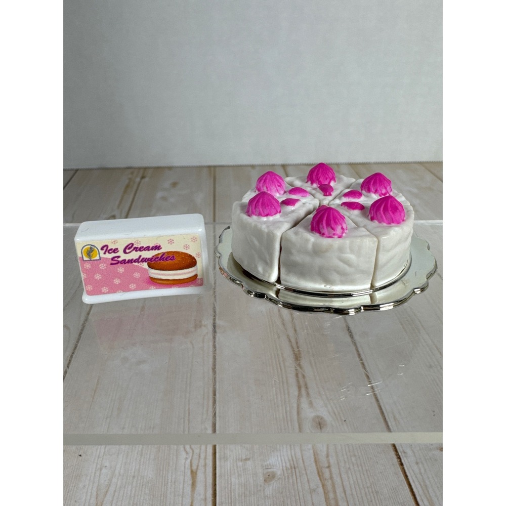 Dollhouse Miniature Sliced Cake‎ Pink Frosting w/ Cake Stand Vintage Set